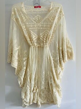 Somya Boho Lace Mesh Crochet Embroidered Kimono Blouse Cream OS